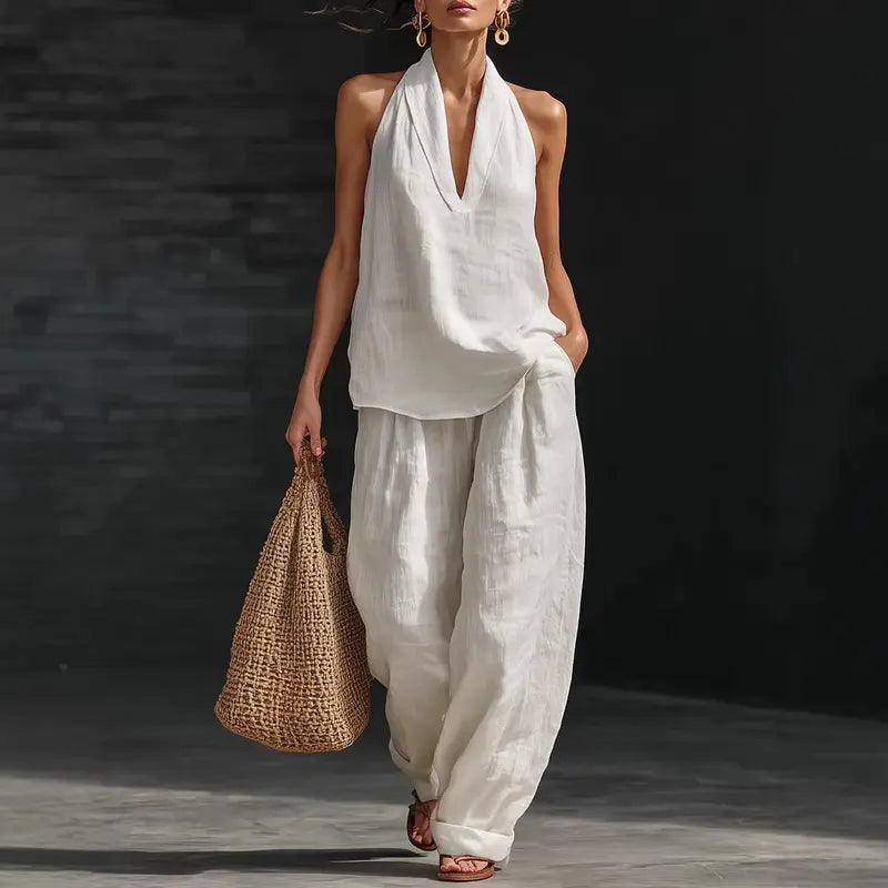 Boho σετ λευκών ειδών δύο τεμαχίων - Ιδανικό για παραλία, διακοπές & brunch! Σετ παντελόνι χωρίς μανίκια με λαιμόκοψη