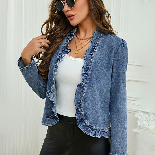 🥳2026 HOT SALE🥳 60% OFF! Open-Front Denim Jacket – No buttons, easy on/off. Flattering ruffle trim, breathable fabric. Classic blue wash. A versatile wardrobe staple. 🌿✅