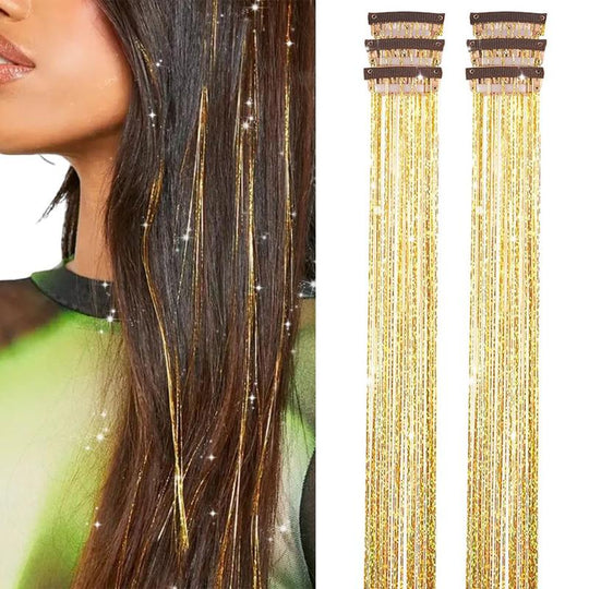 Clip in Hair Tinsel, Pack of 6 Pcs 24 Inch,Glitter Tinsel Hair Extensions 24 Inches, Festival Tinsel Fairy Hair Extension