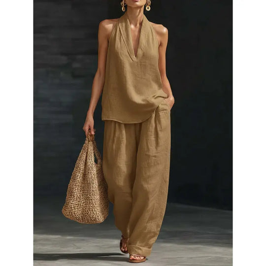 Boho σετ λευκών ειδών δύο τεμαχίων - Ιδανικό για παραλία, διακοπές & brunch! Σετ παντελόνι χωρίς μανίκια με λαιμόκοψη