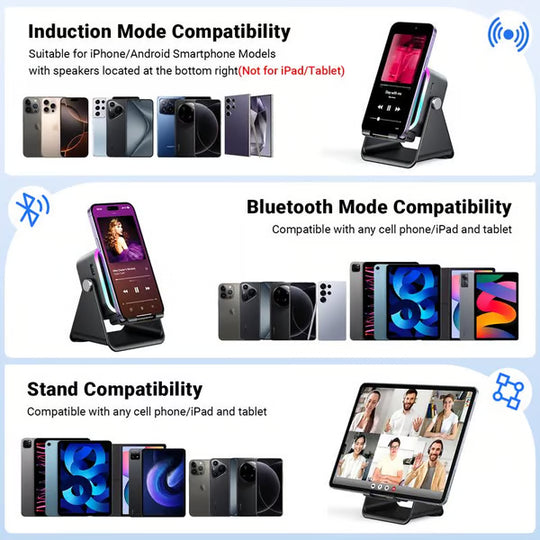 🎶📱 5-in-1 Wireless Induction Bluetooth Speaker with Adjustable Phone Stand