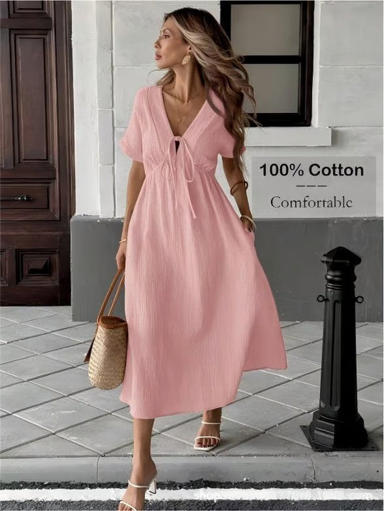 👗 LIMITED-TIME 50% OFF! ✨Women's Summer Solid Color V-Neck Cotton Dress Bohemian Casual Loose Short Sleeve Drawstring Waist Beach Dress with Pockets