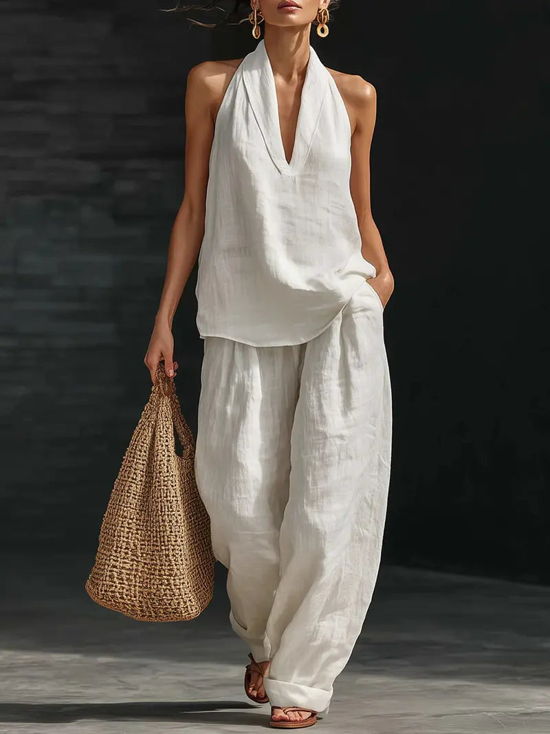 Boho σετ λευκών ειδών δύο τεμαχίων - Ιδανικό για παραλία, διακοπές & brunch! Σετ παντελόνι χωρίς μανίκια με λαιμόκοψη