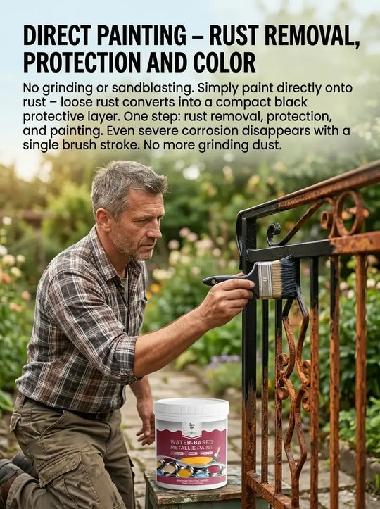 ⏳Time-Limited Special⏰Rust Converter Metallic Paint – One coat stops rust, no sanding, no fumes. Dries to a sleek metal finish. Perfect for garden tools & gates. 🔨🛡️