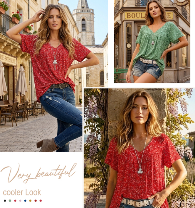 🎉 Last Day Promotion-60% OFF 🍃 Summer V-neck Loose Short sleeve Print Casual Women's T shirt