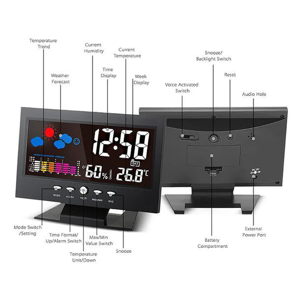 🌡️  ✨ Station météo numérique LED - Température &  Moniteur d'humidité avec affichage des prévisions &  Réveil de table 📊⏰