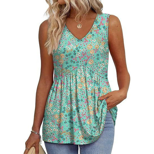 🌞VÝPREDAJ👚Dámske splývavé tielka bez rukávov s výstrihom do V a peplum