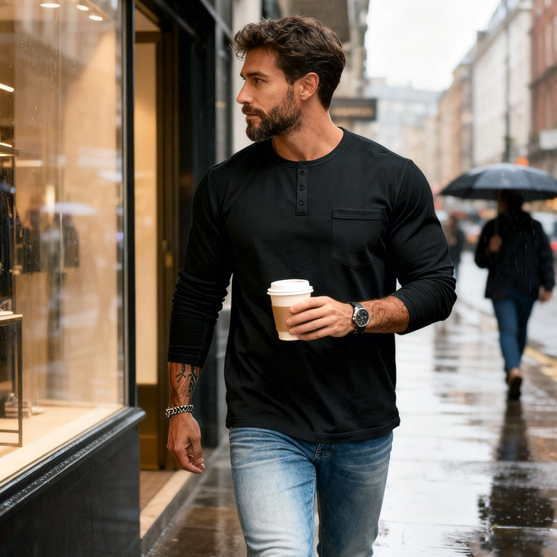 😎Nový příjezd🔥Pánské tričko s dlouhým rukávem henley slim fit střihu