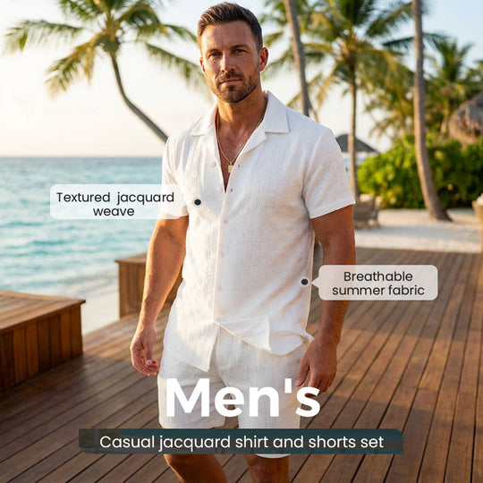 🥳2026 HOT SALE🥳💞50% OFF💥 Men's Jacquard Shirt & Shorts Set – Easy-fit comfort for warm days! Breathable fabric, no ironing needed. Perfect for garden or seaside.