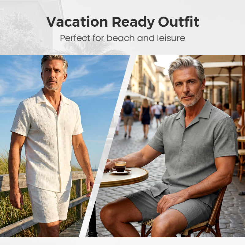 🥳2026 HOT SALE🥳💞50% OFF💥 Men's Jacquard Shirt & Shorts Set – Easy-fit comfort for warm days! Breathable fabric, no ironing needed. Perfect for garden or seaside.