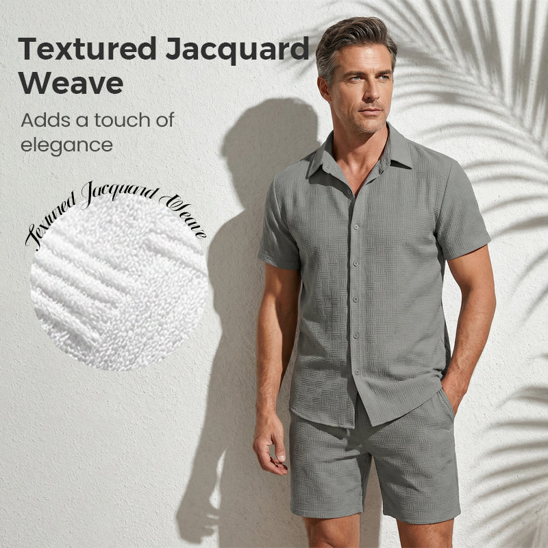 🥳2026 HOT SALE🥳💞50% OFF💥 Men's Jacquard Shirt & Shorts Set – Easy-fit comfort for warm days! Breathable fabric, no ironing needed. Perfect for garden or seaside.