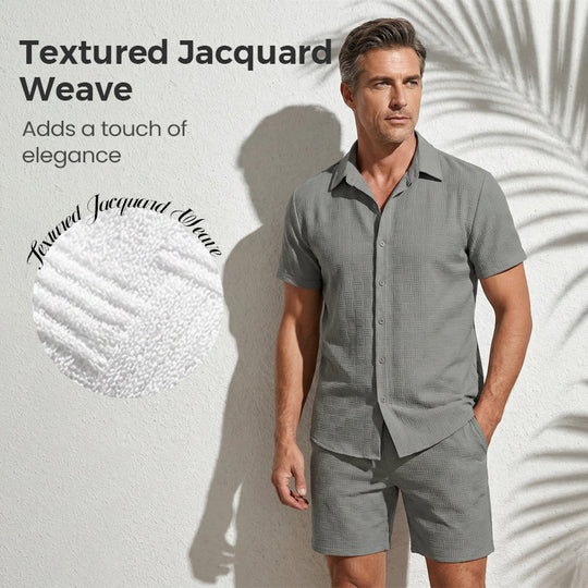 🥳2026 HOT SALE🥳💞50% OFF💥 Men's Jacquard Shirt & Shorts Set – Easy-fit comfort for warm days! Breathable fabric, no ironing needed. Perfect for garden or seaside.
