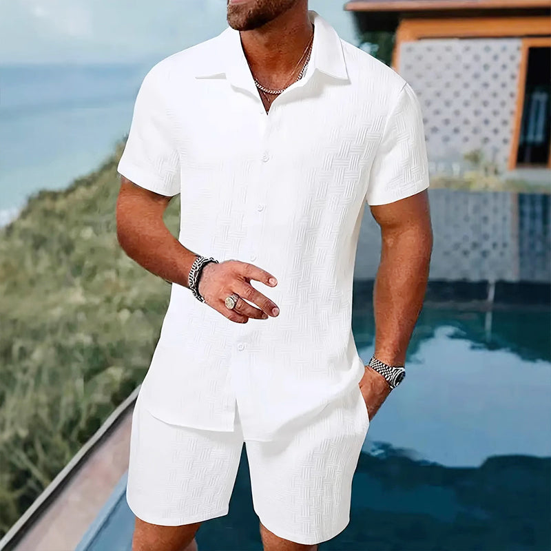 🥳2026 HOT SALE🥳💞50% OFF💥 Men's Jacquard Shirt & Shorts Set – Easy-fit comfort for warm days! Breathable fabric, no ironing needed. Perfect for garden or seaside.