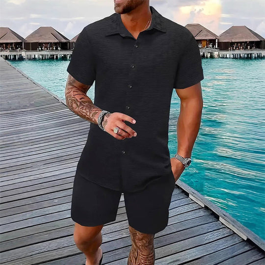 🥳2026 HOT SALE🥳💞50% OFF💥 Men's Jacquard Shirt & Shorts Set – Easy-fit comfort for warm days! Breathable fabric, no ironing needed. Perfect for garden or seaside.