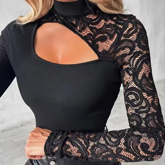 Women's Asymmetrical Cutout Lace Sleeve Top – Slim Fit, Mock Neck & Romantic Keyhole Back Detail 👗🖤