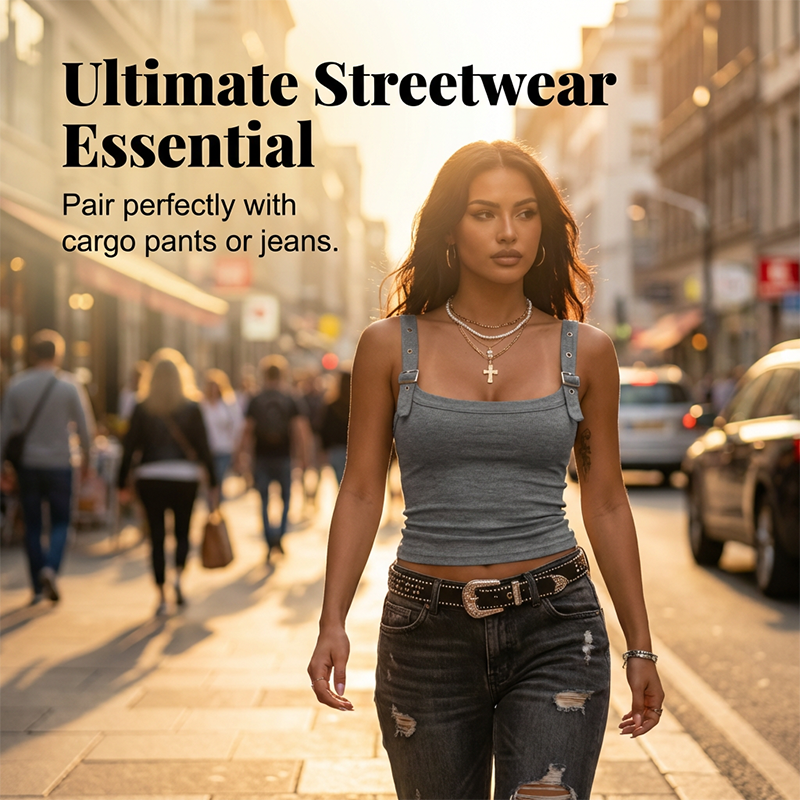 🥳 SUMMER HOT SALE 💞50%OFF🔥 Women's Adjustable Buckle Ribbed Tank – Edgy Y2K Style & Perfect Fit ✨