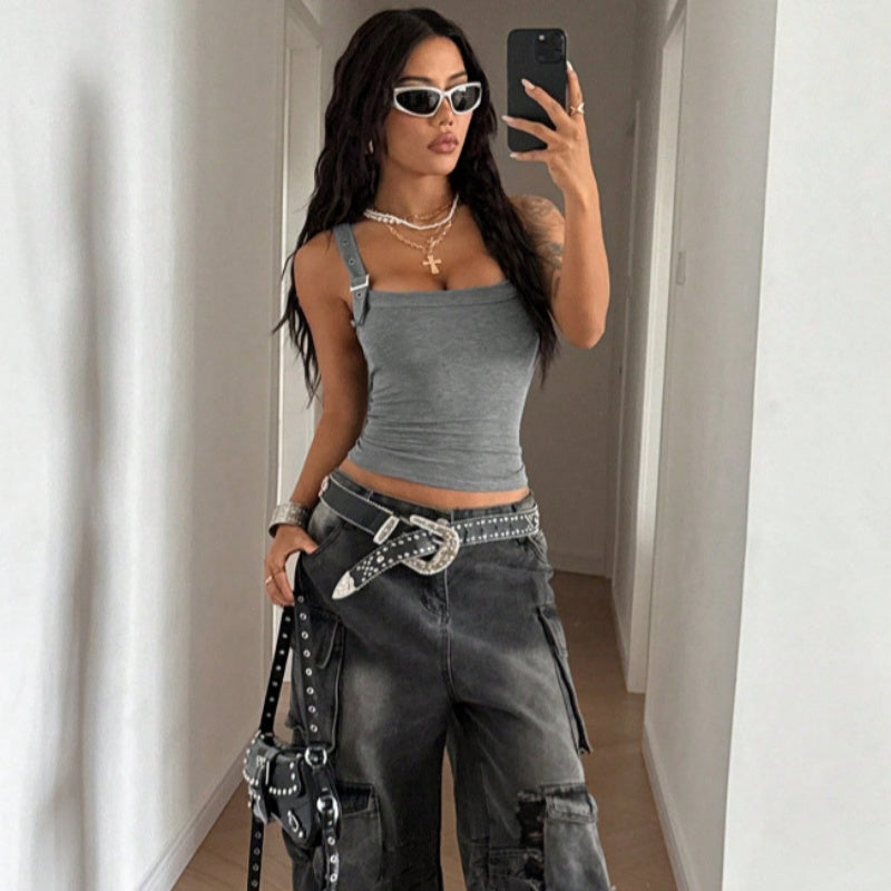 🥳 SUMMER HOT SALE 💞50%OFF🔥 Women's Adjustable Buckle Ribbed Tank – Edgy Y2K Style & Perfect Fit ✨