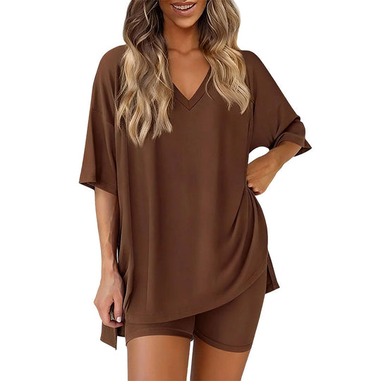 PRETTYGARDEN Crewneck Two-Piece Set For Women Summer Casual Oversized Split Hem Shirts & Side Pocket Biker Shorts Minimalist Lounge Wear Soft Viscose Fabric Comfy Homewear Cozy Pjs