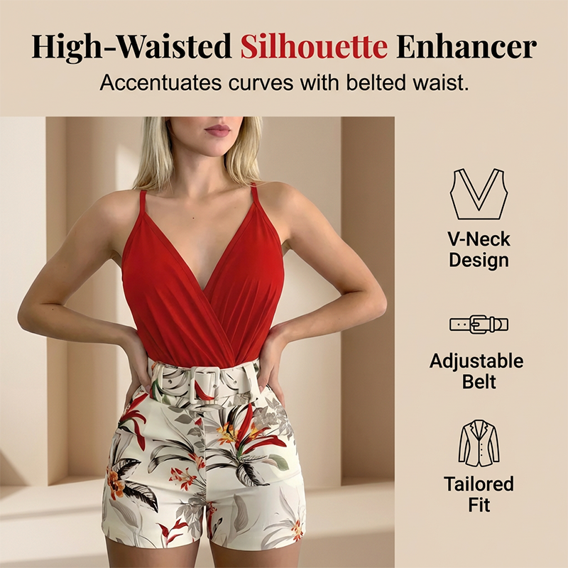 📢📢50% OFF !! ⏰ V-Neck & High-Waist Shorts Set – Tropical Print, 2-Piece Vacation Outfit 🌴