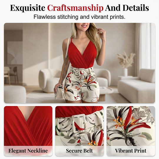 📢📢50% OFF !! ⏰ V-Neck & High-Waist Shorts Set – Tropical Print, 2-Piece Vacation Outfit 🌴