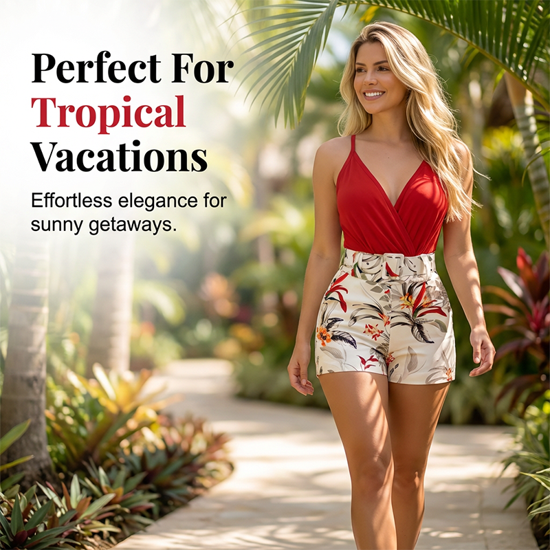 📢📢50% OFF !! ⏰ V-Neck & High-Waist Shorts Set – Tropical Print, 2-Piece Vacation Outfit 🌴