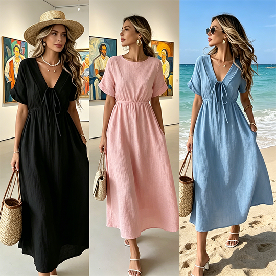 👗 LIMITED-TIME 50% OFF! ✨Women's Summer Solid Color V-Neck Cotton Dress Bohemian Casual Loose Short Sleeve Drawstring Waist Beach Dress with Pockets