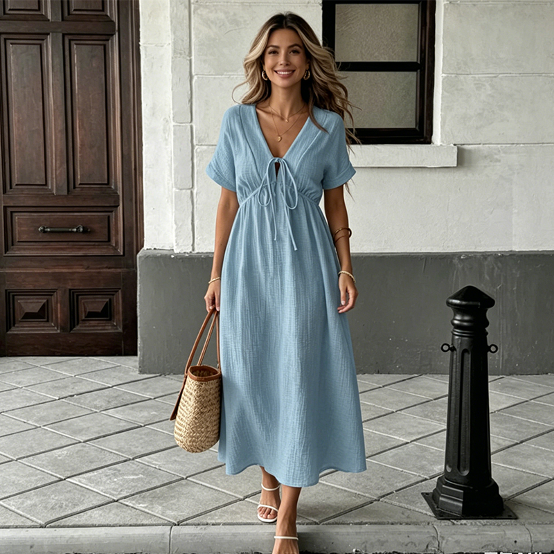 👗 LIMITED-TIME 50% OFF! ✨Women's Summer Solid Color V-Neck Cotton Dress Bohemian Casual Loose Short Sleeve Drawstring Waist Beach Dress with Pockets
