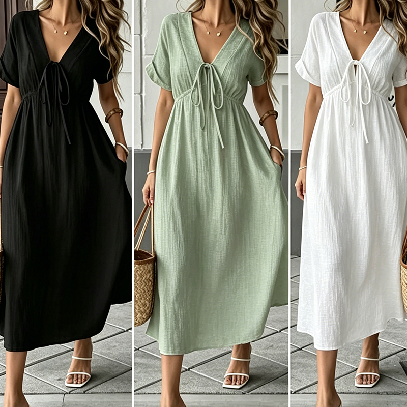 👗 LIMITED-TIME 50% OFF! ✨Women's Summer Solid Color V-Neck Cotton Dress Bohemian Casual Loose Short Sleeve Drawstring Waist Beach Dress with Pockets