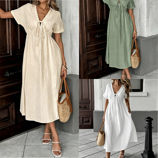 👗 LIMITED-TIME 50% OFF! ✨Women's Summer Solid Color V-Neck Cotton Dress Bohemian Casual Loose Short Sleeve Drawstring Waist Beach Dress with Pockets