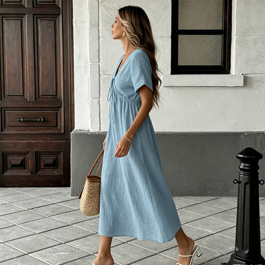 👗 LIMITED-TIME 50% OFF! ✨Women's Summer Solid Color V-Neck Cotton Dress Bohemian Casual Loose Short Sleeve Drawstring Waist Beach Dress with Pockets