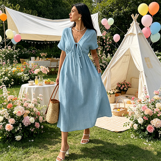 👗 LIMITED-TIME 50% OFF! ✨Women's Summer Solid Color V-Neck Cotton Dress Bohemian Casual Loose Short Sleeve Drawstring Waist Beach Dress with Pockets