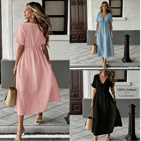 👗 LIMITED-TIME 50% OFF! ✨Women's Summer Solid Color V-Neck Cotton Dress Bohemian Casual Loose Short Sleeve Drawstring Waist Beach Dress with Pockets