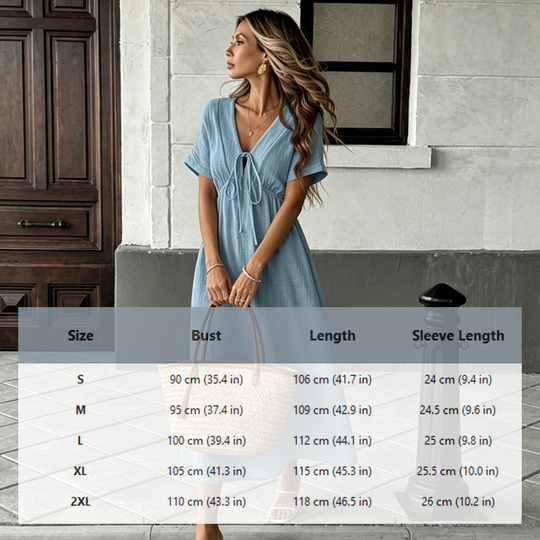 👗 LIMITED-TIME 50% OFF! ✨Women's Summer Solid Color V-Neck Cotton Dress Bohemian Casual Loose Short Sleeve Drawstring Waist Beach Dress with Pockets