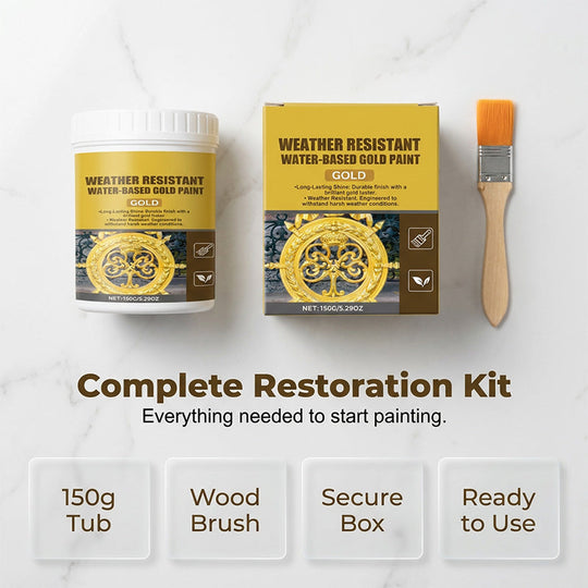 ⏳Limited Time Special Price⏰ Weather Resistant Gold Paint – Water‑based, brilliant shine. Safe for metal, wood & stone. Lasts rain or shine! 🖌️