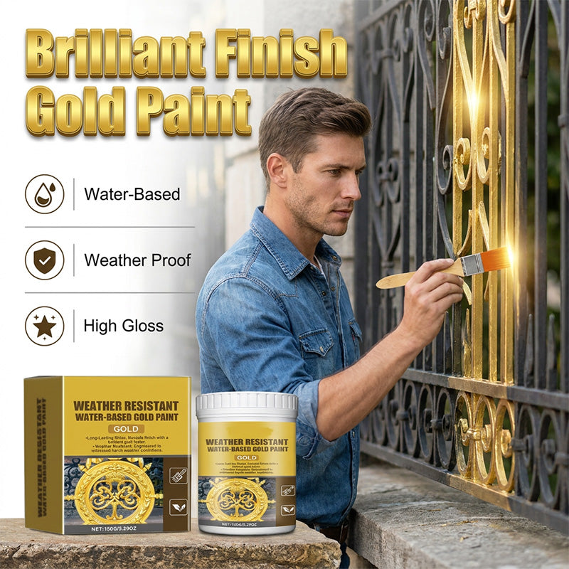 ⏳Limited Time Special Price⏰ Weather Resistant Gold Paint – Water‑based, brilliant shine. Safe for metal, wood & stone. Lasts rain or shine! 🖌️
