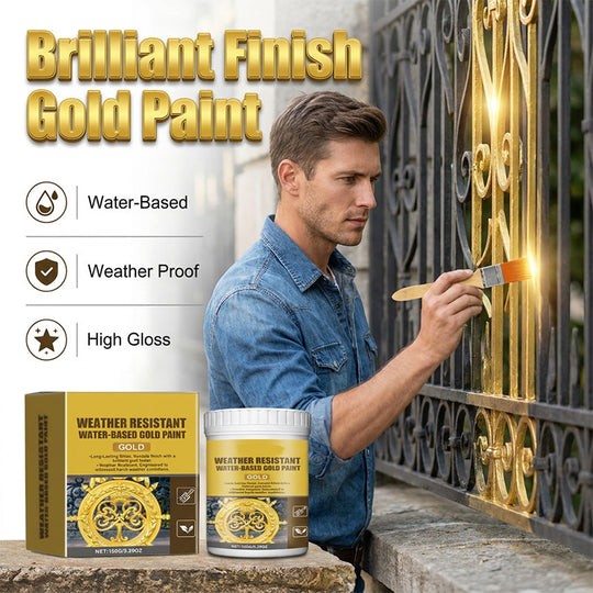⏳Limited Time Special Price⏰ Weather Resistant Gold Paint – Water‑based, brilliant shine. Safe for metal, wood & stone. Lasts rain or shine! 🖌️