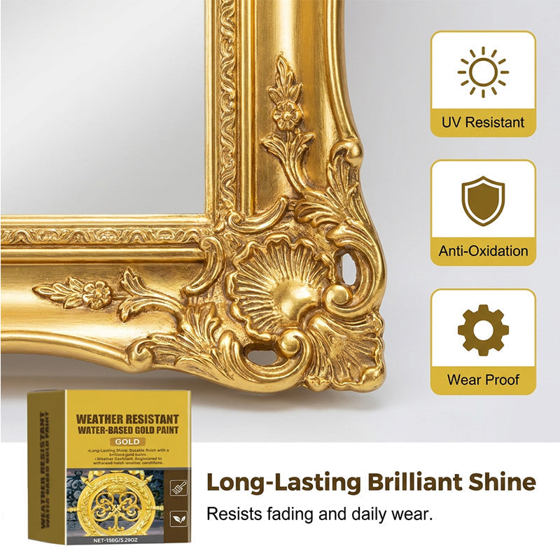 ⏳Limited Time Special Price⏰ Weather Resistant Gold Paint – Water‑based, brilliant shine. Safe for metal, wood & stone. Lasts rain or shine! 🖌️