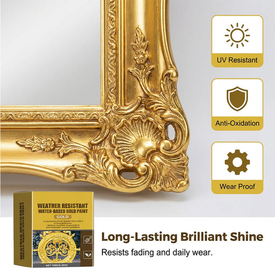 ⏳Limited Time Special Price⏰ Weather Resistant Gold Paint – Water‑based, brilliant shine. Safe for metal, wood & stone. Lasts rain or shine! 🖌️