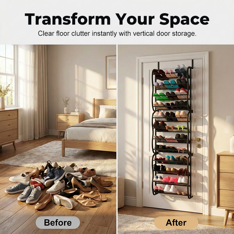 ⏳Limited Time 50% OFF⏰Over-the-Door Shoe Rack Organizer – 24 pockets & tool-free install – Fits standard doors, holds up to 24 pairs – perfect for entryway or closet