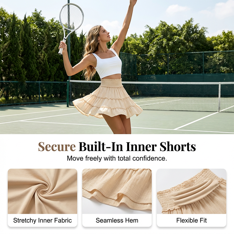 Women's Boho Floral Skorts, Flowy Tiered Ruffle Elastic-Waist Bottoms with Built-in Shorts and Pockets, Casual Style