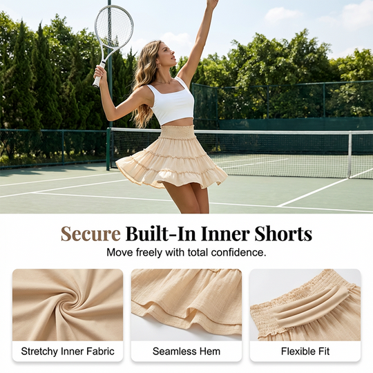 Women's Boho Floral Skorts, Flowy Tiered Ruffle Elastic-Waist Bottoms with Built-in Shorts and Pockets, Casual Style