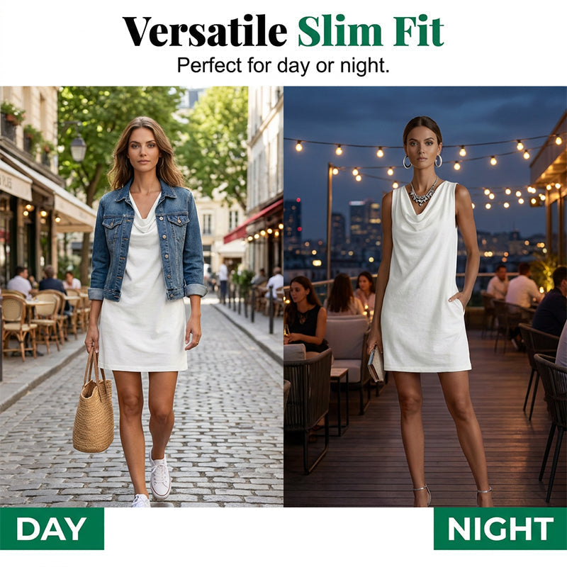 🏆LAST DAY SALE 50% OFF🔥| Elegant Slim Fit Cowl Neck Dress | Sleeveless Triacetate Midi Dress with Pockets | Breathable Casual & Party Wear for Women✨