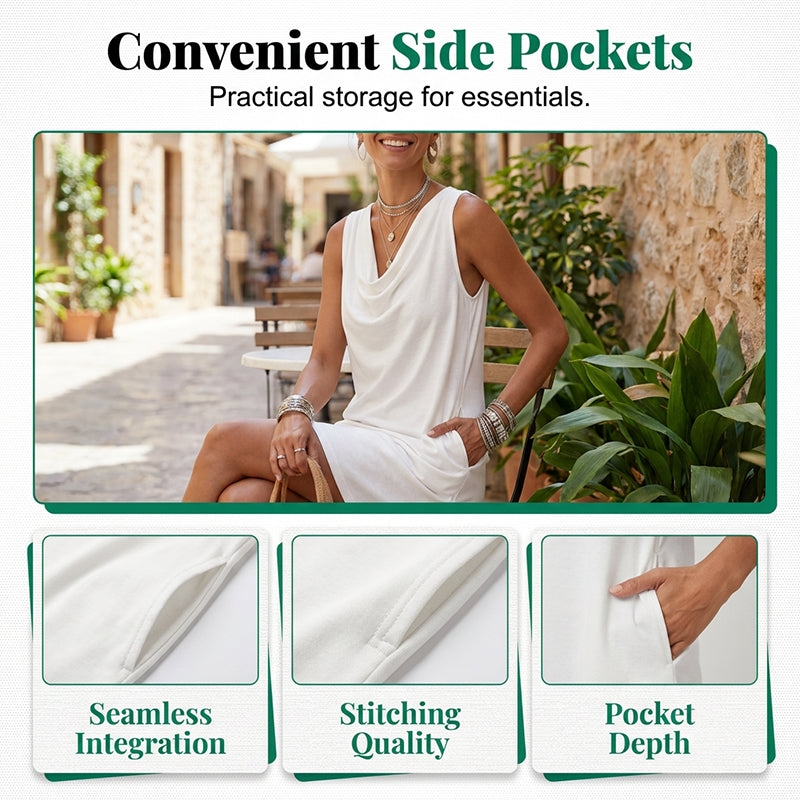 🏆LAST DAY SALE 50% OFF🔥| Elegant Slim Fit Cowl Neck Dress | Sleeveless Triacetate Midi Dress with Pockets | Breathable Casual & Party Wear for Women✨
