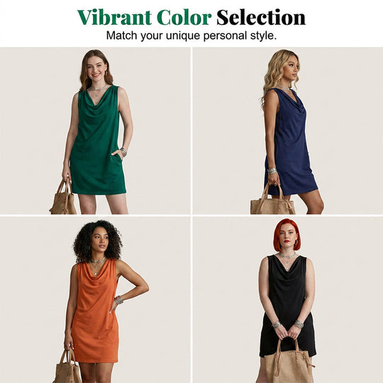 🏆LAST DAY SALE 50% OFF🔥| Elegant Slim Fit Cowl Neck Dress | Sleeveless Triacetate Midi Dress with Pockets | Breathable Casual & Party Wear for Women✨