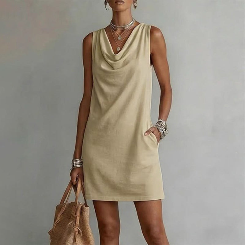 🏆LAST DAY SALE 50% OFF🔥| Elegant Slim Fit Cowl Neck Dress | Sleeveless Triacetate Midi Dress with Pockets | Breathable Casual & Party Wear for Women✨