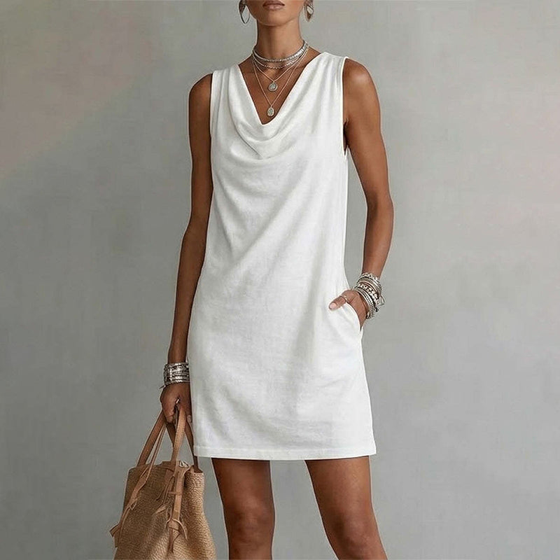 🏆LAST DAY SALE 50% OFF🔥| Elegant Slim Fit Cowl Neck Dress | Sleeveless Triacetate Midi Dress with Pockets | Breathable Casual & Party Wear for Women✨