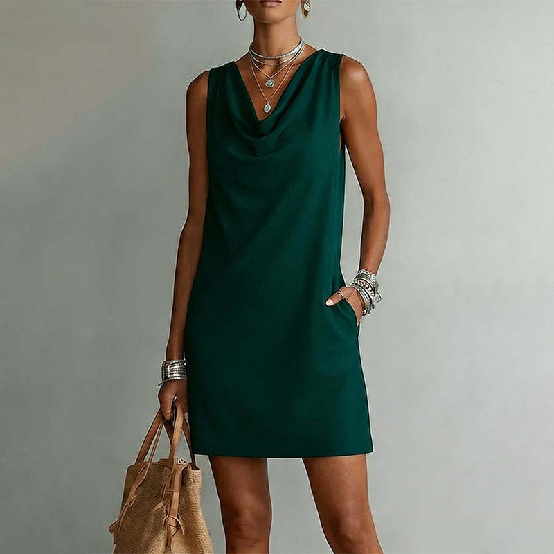 🏆LAST DAY SALE 50% OFF🔥| Elegant Slim Fit Cowl Neck Dress | Sleeveless Triacetate Midi Dress with Pockets | Breathable Casual & Party Wear for Women✨