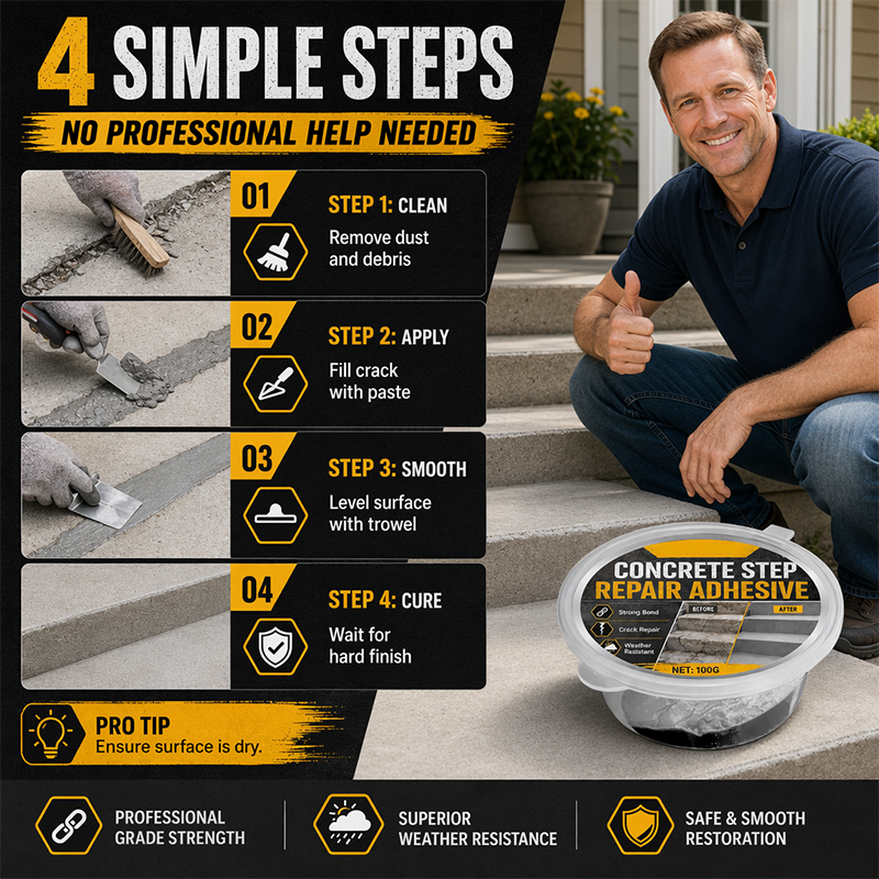 🔧🏠Concrete Step Repair Adhesive – Permanently bonds cracked stairs & walkways. Weatherproof – resists heat, ice & rain. Walk safely again! 🛡️✨