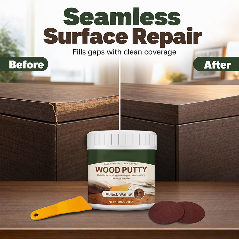 ✨✨Wood Repair Filler Putty – Fills Cracks & Chips, Smooths Surfaces, Blends with Dark Wood