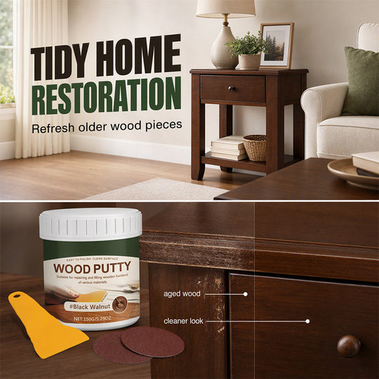 ✨✨Wood Repair Filler Putty – Fills Cracks & Chips, Smooths Surfaces, Blends with Dark Wood